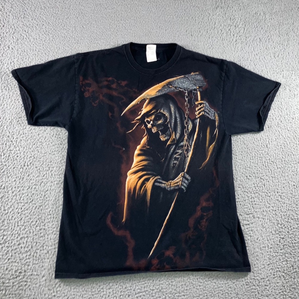 Vintage Grim Reaper Skeleton Graphic T-Shirt Men L Grunge Skater y2k Biker Retro